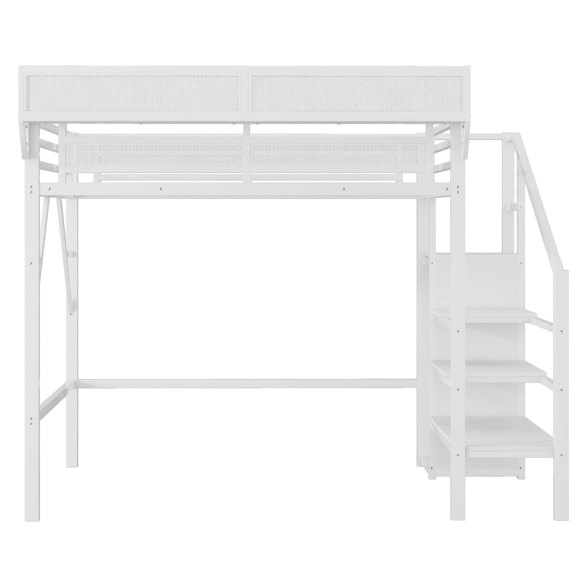 Twin Size Loft Bed with Stairs, Metal Full Loft Bed with Storage Shelves, High Loft Bed with Wardrobe for Kids Teens,White(Expect Arrival Date 2025/9/22)