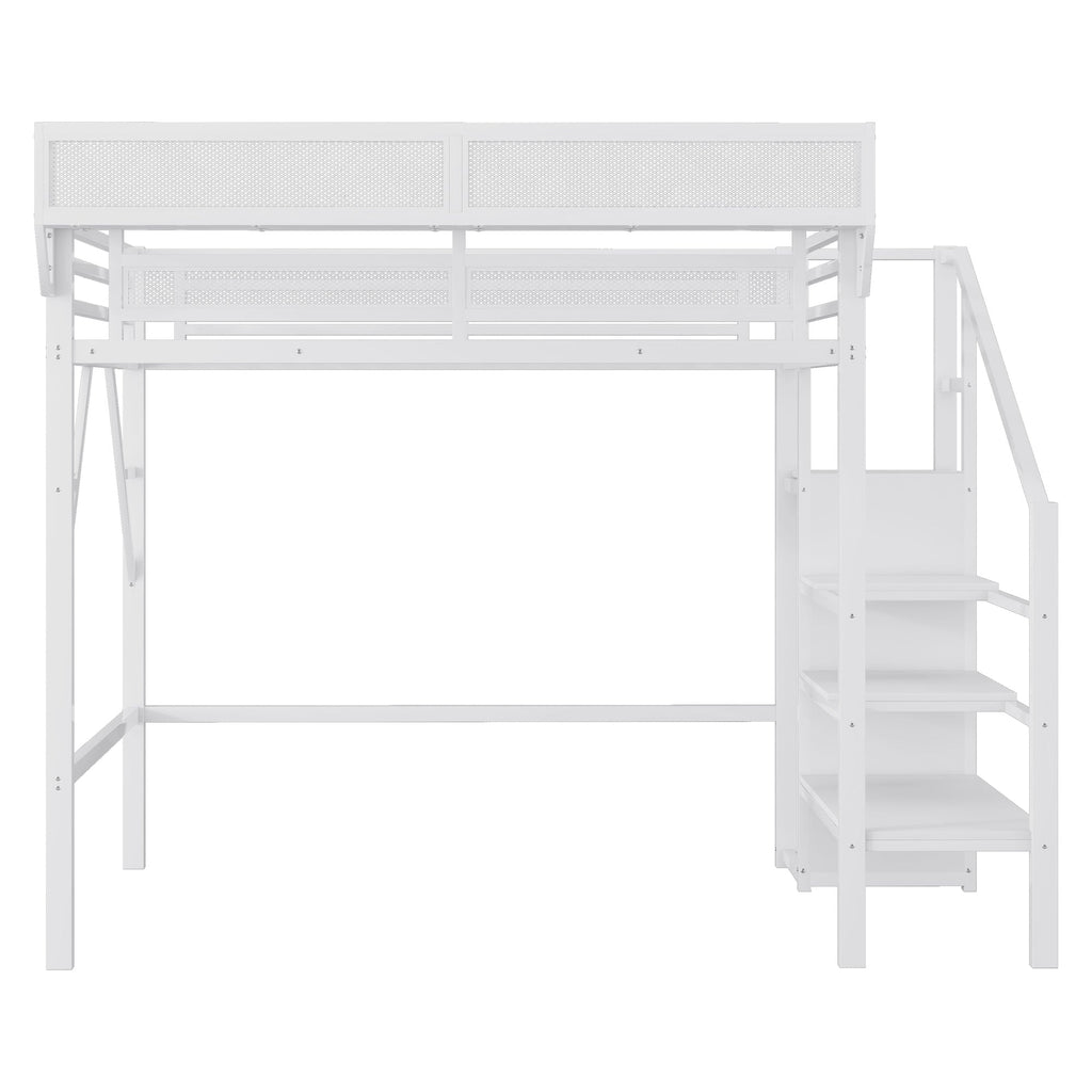 Twin XL Size Loft Bed with Stairs, Metal Full Loft Bed with Storage Shelves, High Loft Bed with Wardrobe for Kids Teens,White(Expect Arrival Date 2025/10/14)