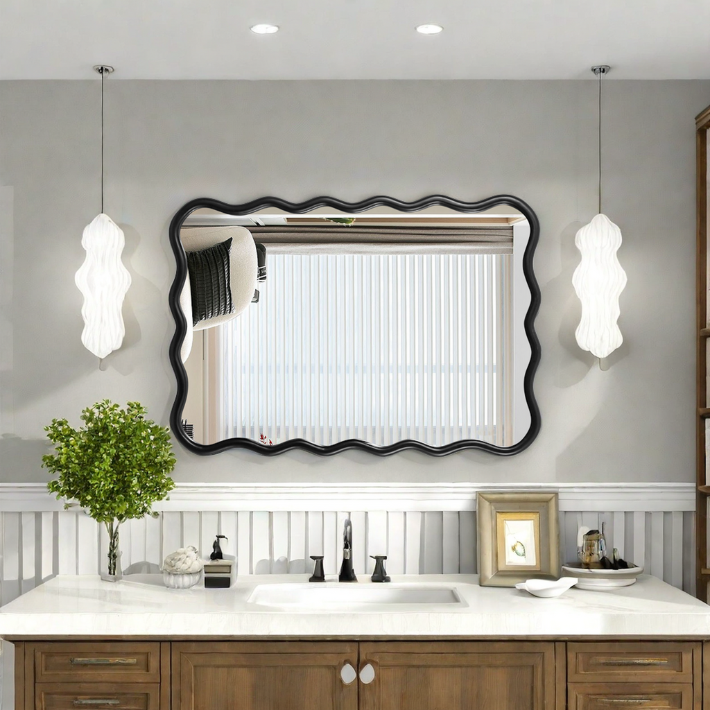 Solid Wood Wavy Rectangle Mirror-Black 40" x 28" Modern Mirror Wall Decor for Bathroom, Bedroom, Living Room, Dining Room, Cloakroom, Entryway