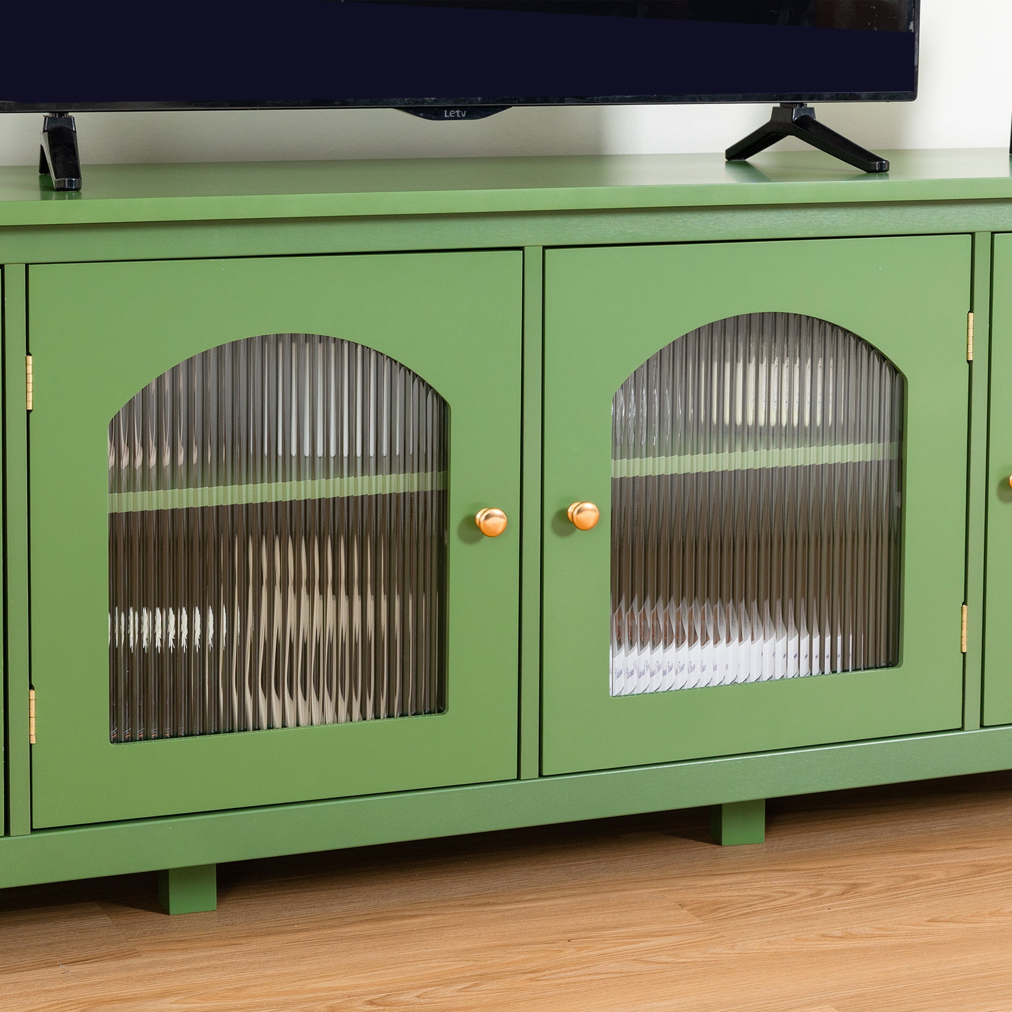 Stylish Antique Green TV Cabinet with Solid Wood Frame and Changhong Glass Door, 71-inch