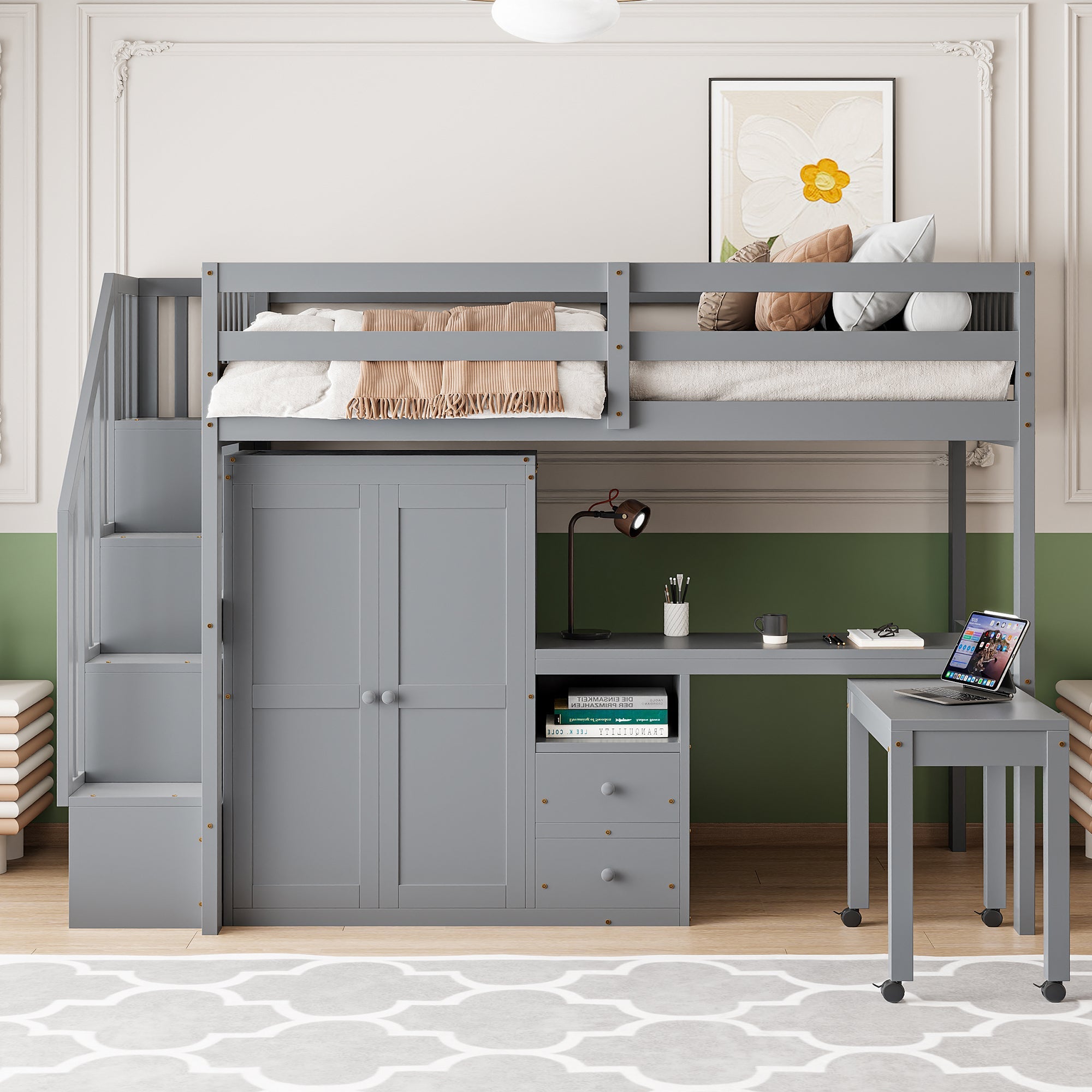 Twin Size Loft Bed with Stairs, Bookshelf, Drawers, Desk & Wardrobe – Space-Saving Multifunctional Furniture for Kids & Teens-Gray