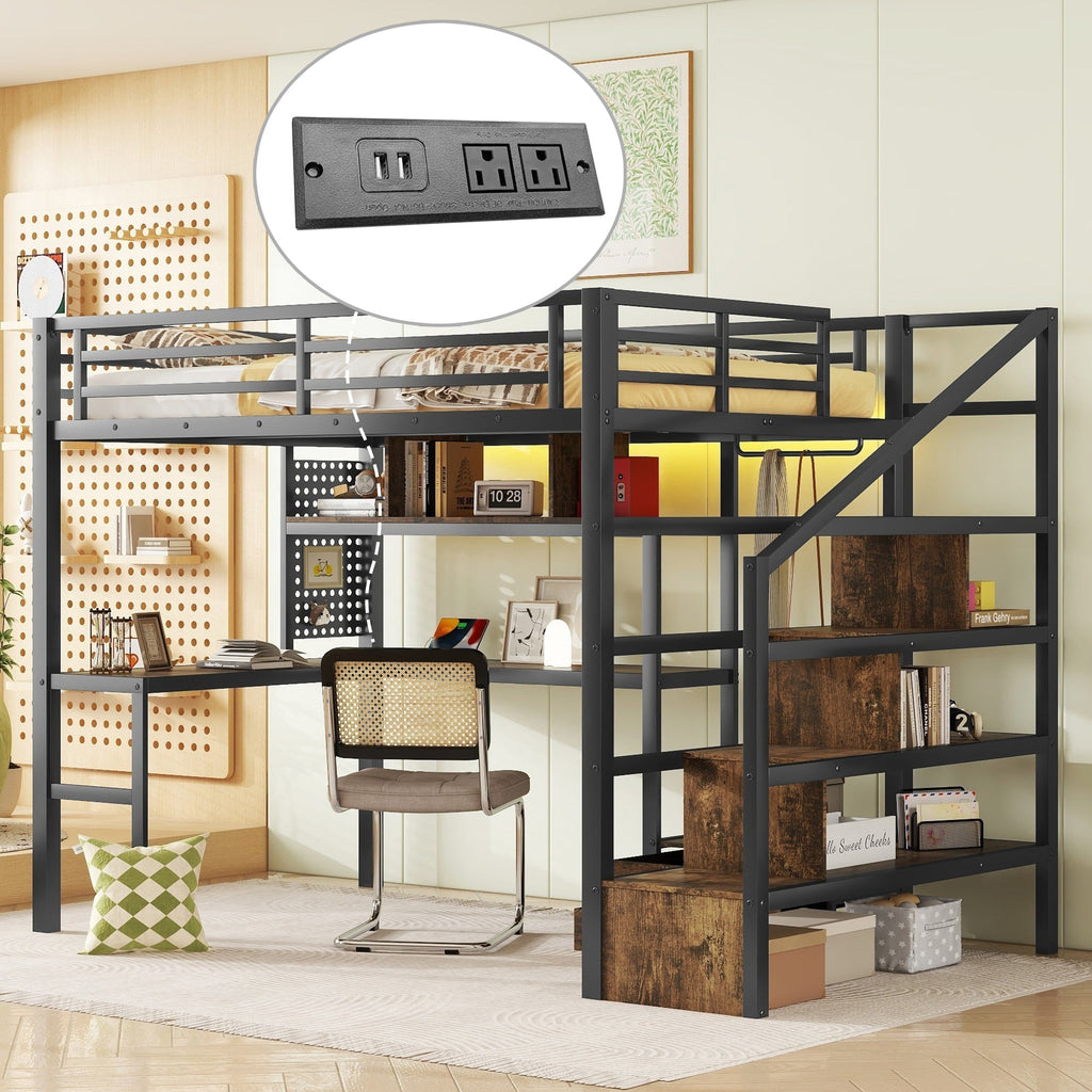 Full Size Loft Bed with LED Light & Charge Station, Metal Loft Bed with Desk and Staircase, Loft bed with Wardrobe for Kids, Black (Expect Arrival Date 2025/4/30)