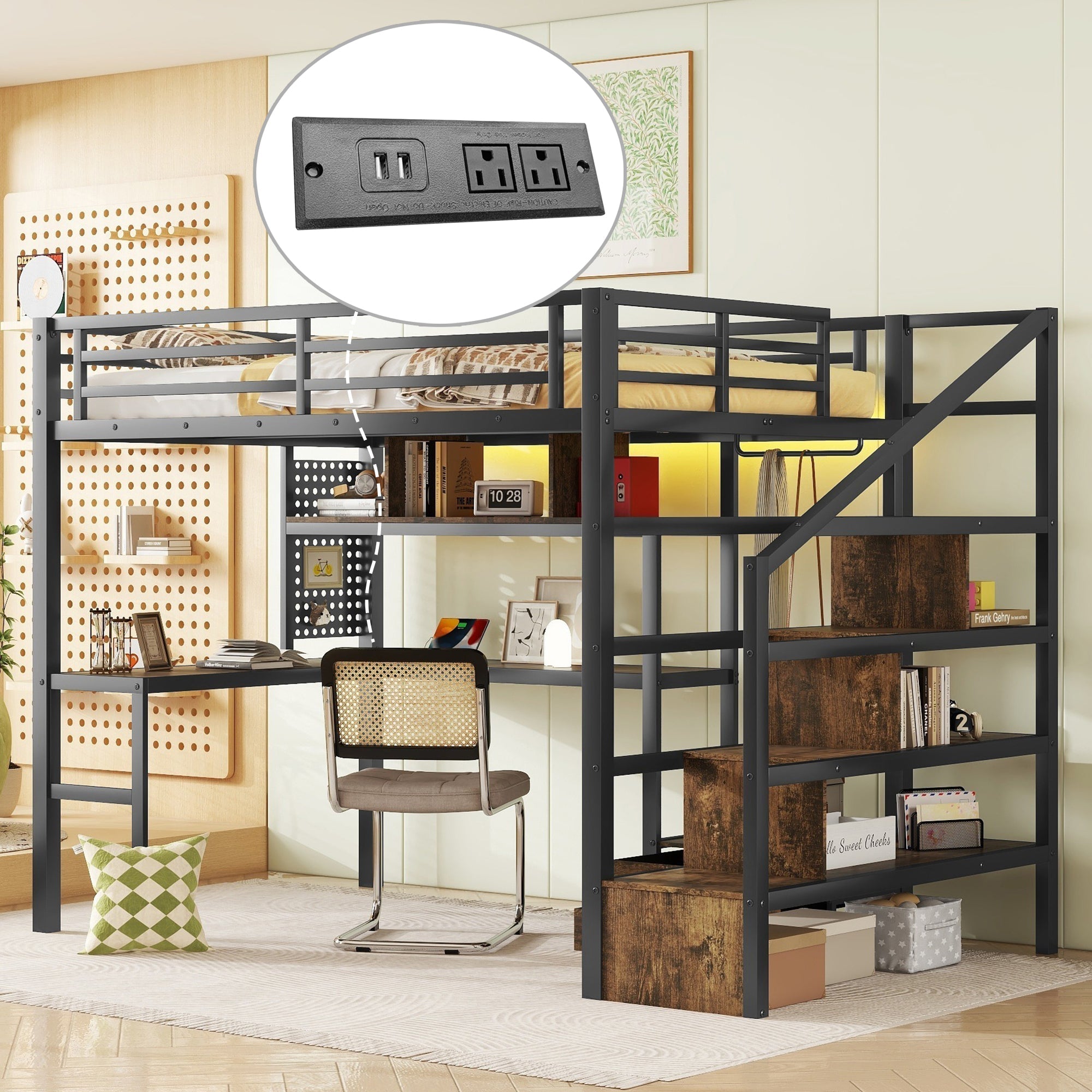 Full Size Loft Bed with LED Light & Charge Station, Metal Loft Bed with Desk and Staircase, Loft bed with Wardrobe for Kids, Black (Expect Arrival Date 2025/4/30)