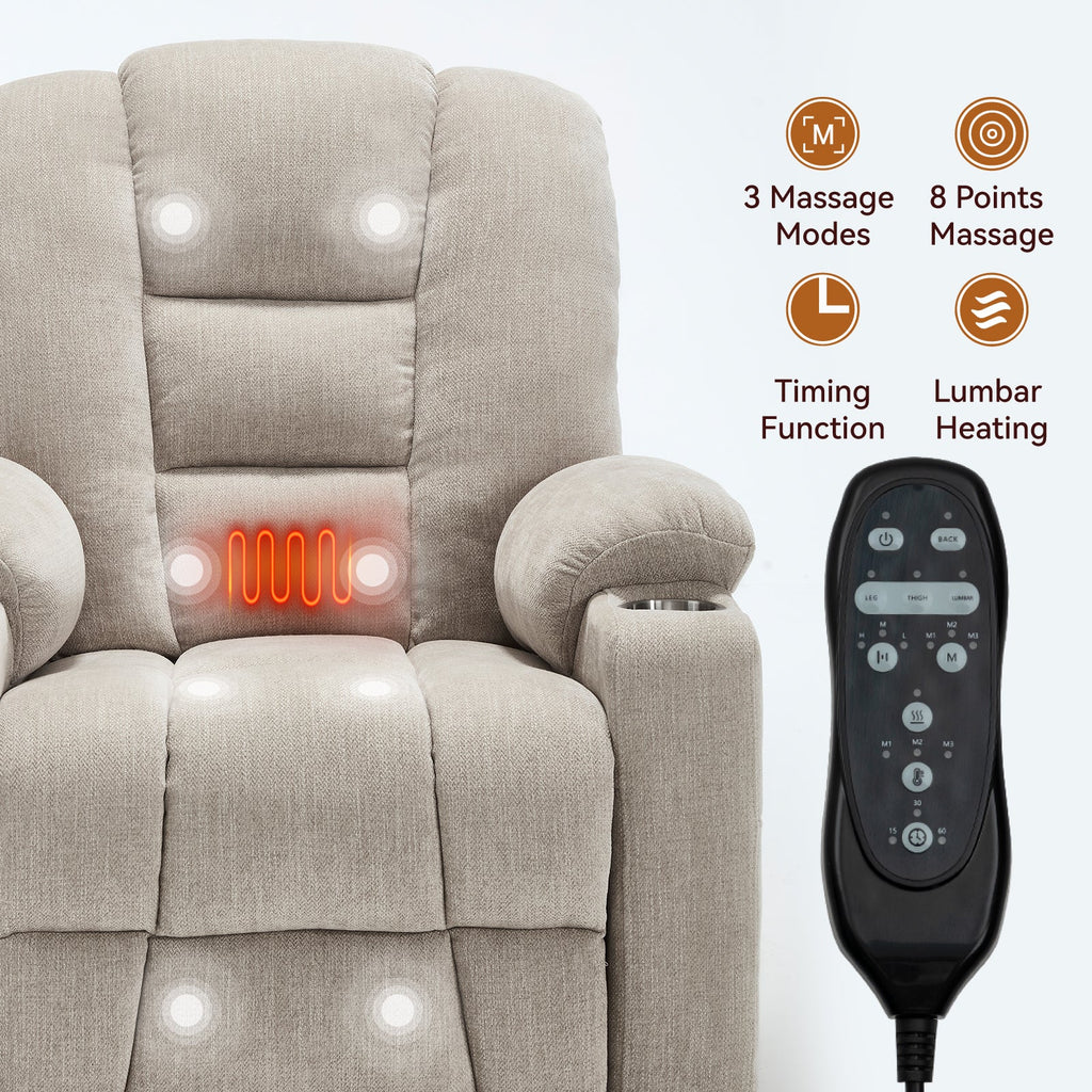 Power Lift Recliner Chair with Massage and Heat for Elderly, Overstuffed Wide Recliners, Heavy Duty Motion Mechanism with USB and Type C Ports, 2 Steel Cup Holders, Beige