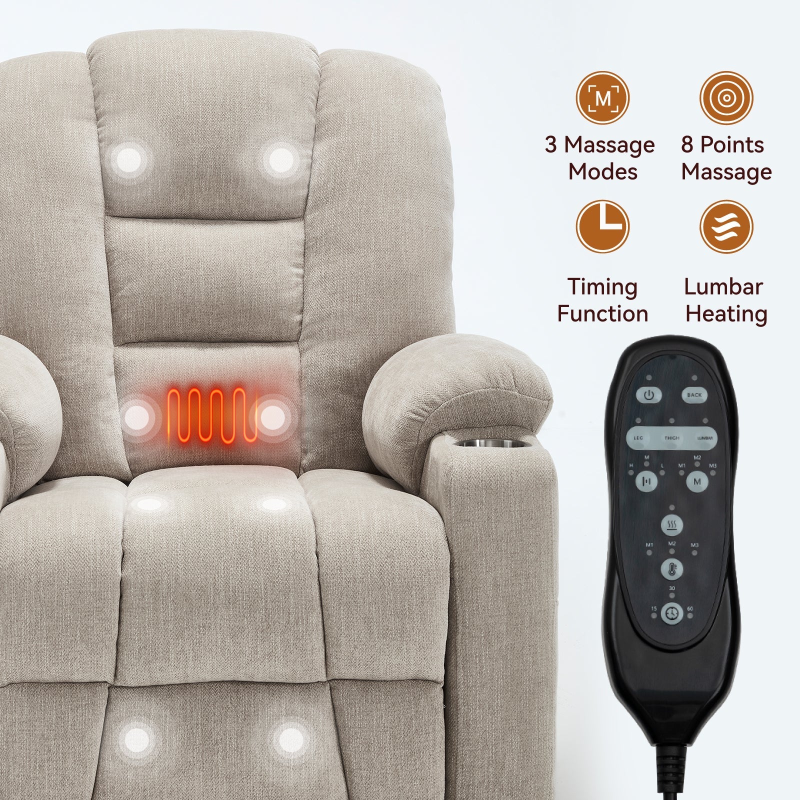 Power Lift Recliner Chair with Massage and Heat for Elderly, Overstuffed Wide Recliners, Heavy Duty Motion Mechanism with USB and Type C Ports, 2 Steel Cup Holders, Beige