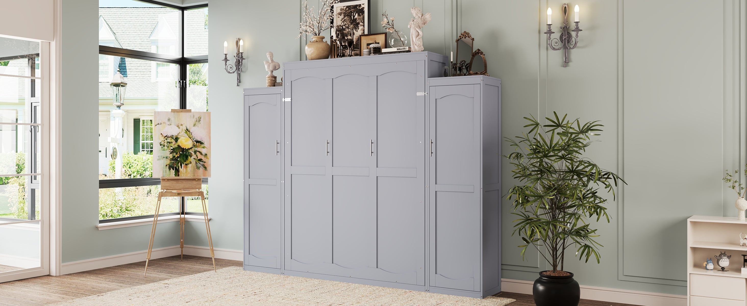 Queen Size Murphy Bed, Wooden Queen Wall Bed with 2 Wardrobe and Storage Shelf, Multifunctional Foldable Platform Bedframe for Guest-Room, Bedroom, Gray