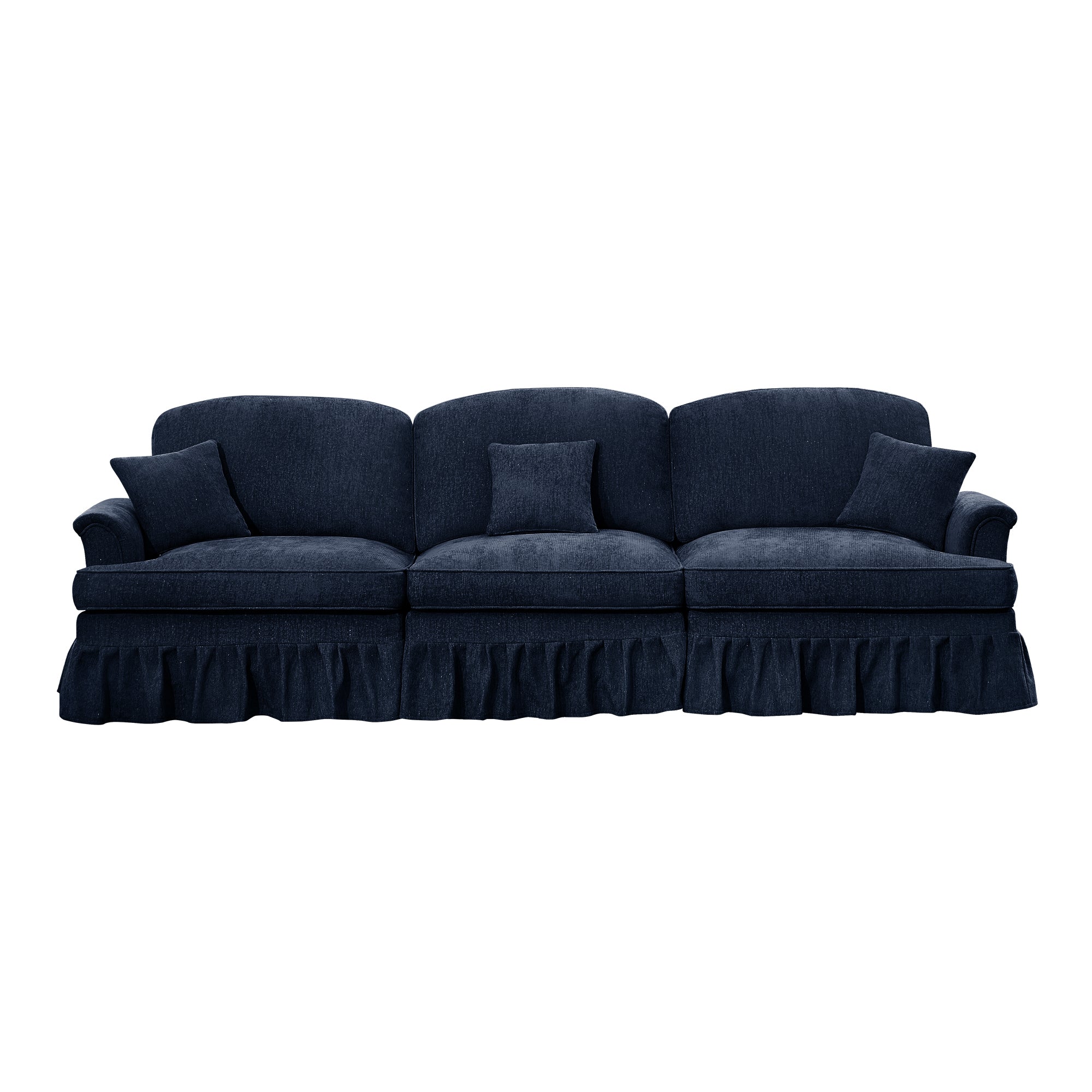Elegant Mid Century Large 3 Seater Sofa Couch with Flared Arms and Removable Ruffles Pleats Skirts and Spindle Legs, Comfy Chenille Three-Seat Sofa for Living Room, Blue