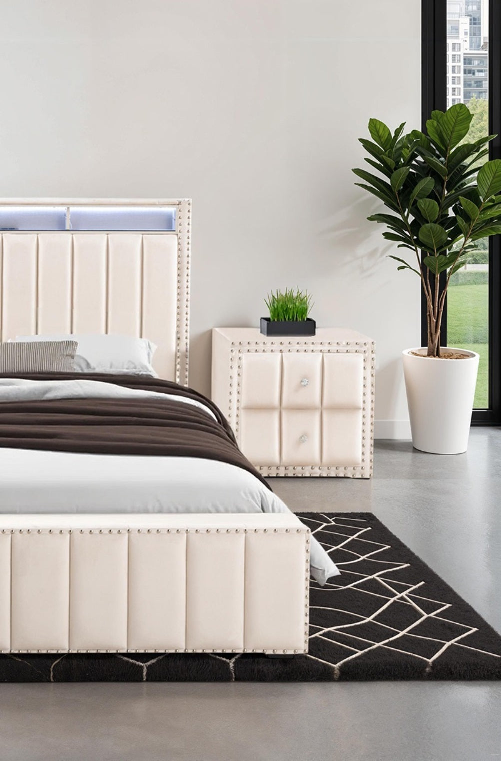 Queen Size Bed 2x Nightstands Bedroom Furniture Contemporary Beige Fabric Upholstered Bedframe w LED Nailhead Trim 3pc Bedroom Set