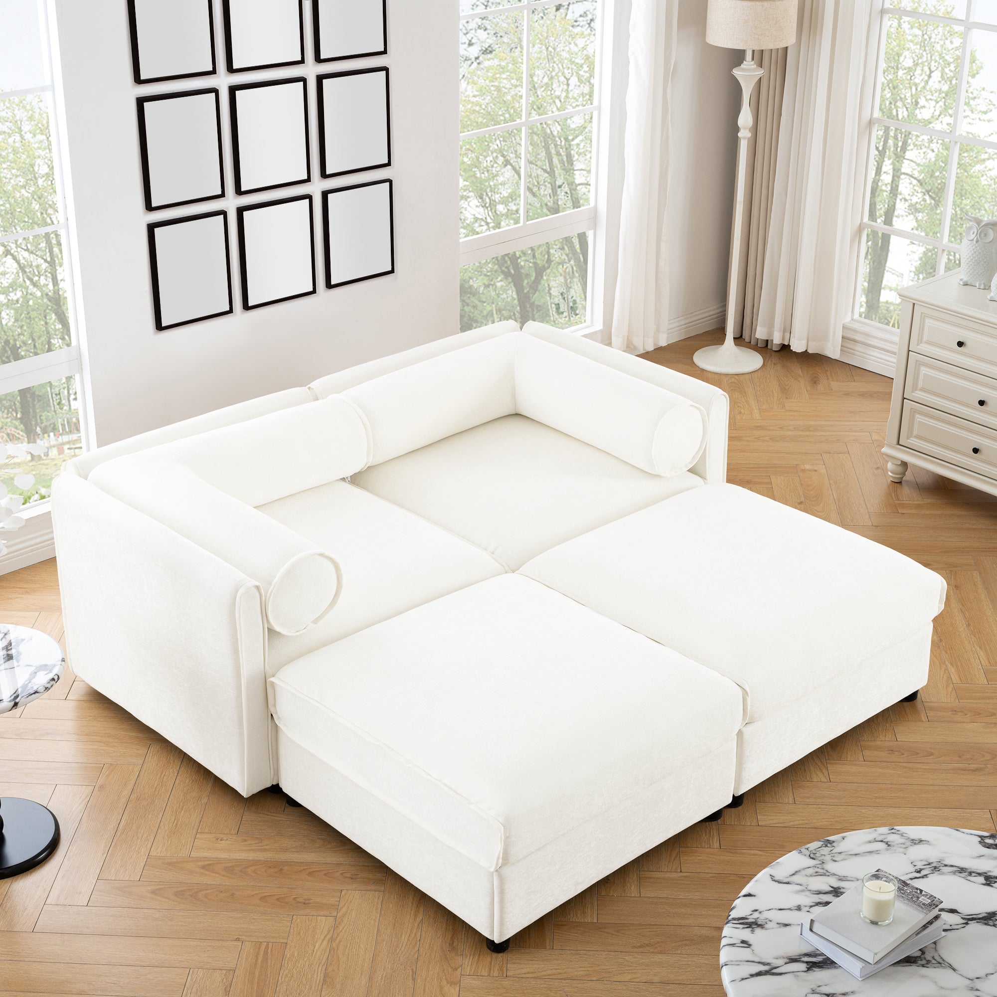 Stylish White Chenille 2-Seater Sofa with 2 Ottoman Storage Seat, Cylindrical Backrest and Armrests, Modern Fabric Loveseat Featuring Hidden Storage Space