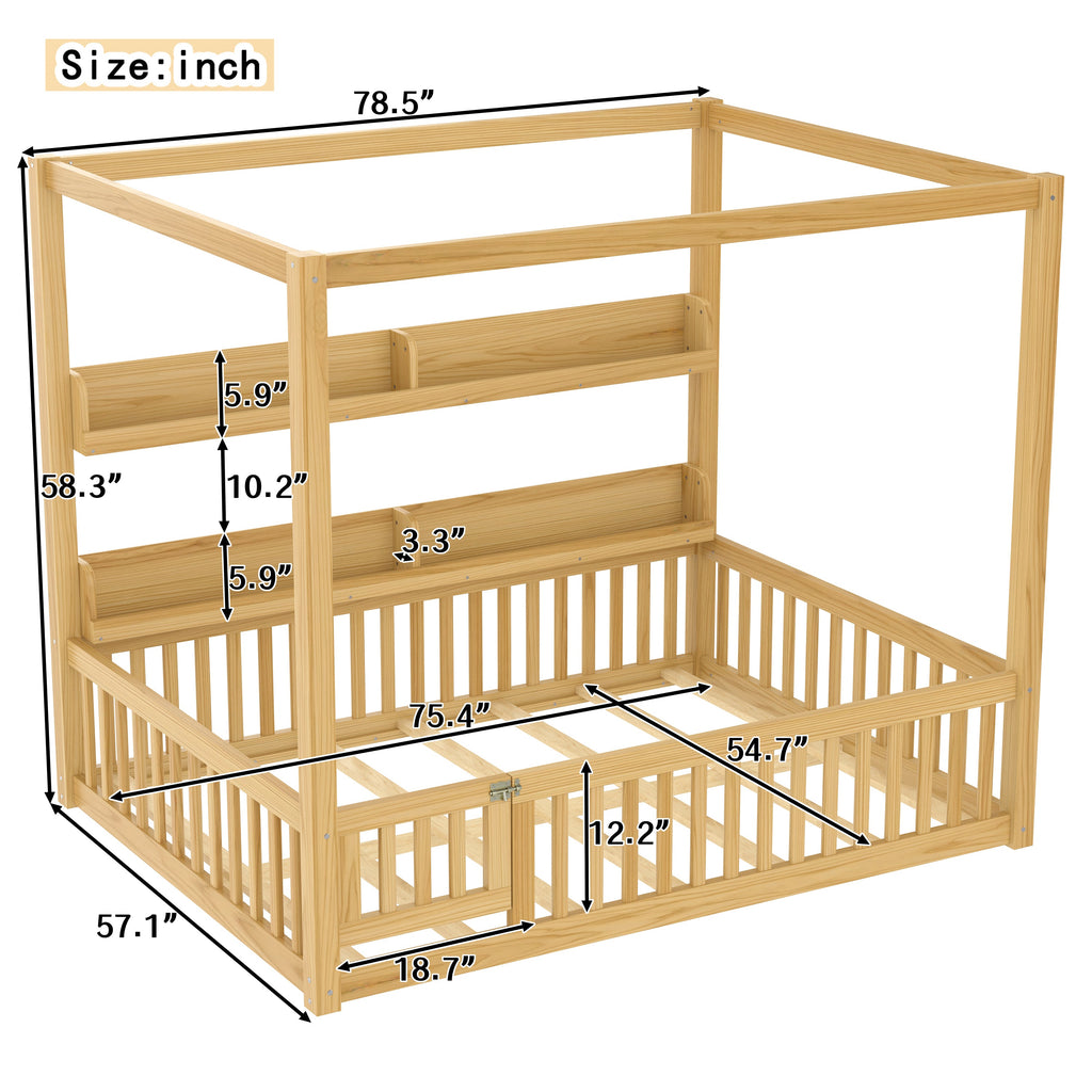 Full Size Canopy Bed with Guardrails, Solid Wood Floor Bed with Shelves, Montessori Floor Bed Frame for Kids, Boys, Girls, No Spring Box Needed, Natural