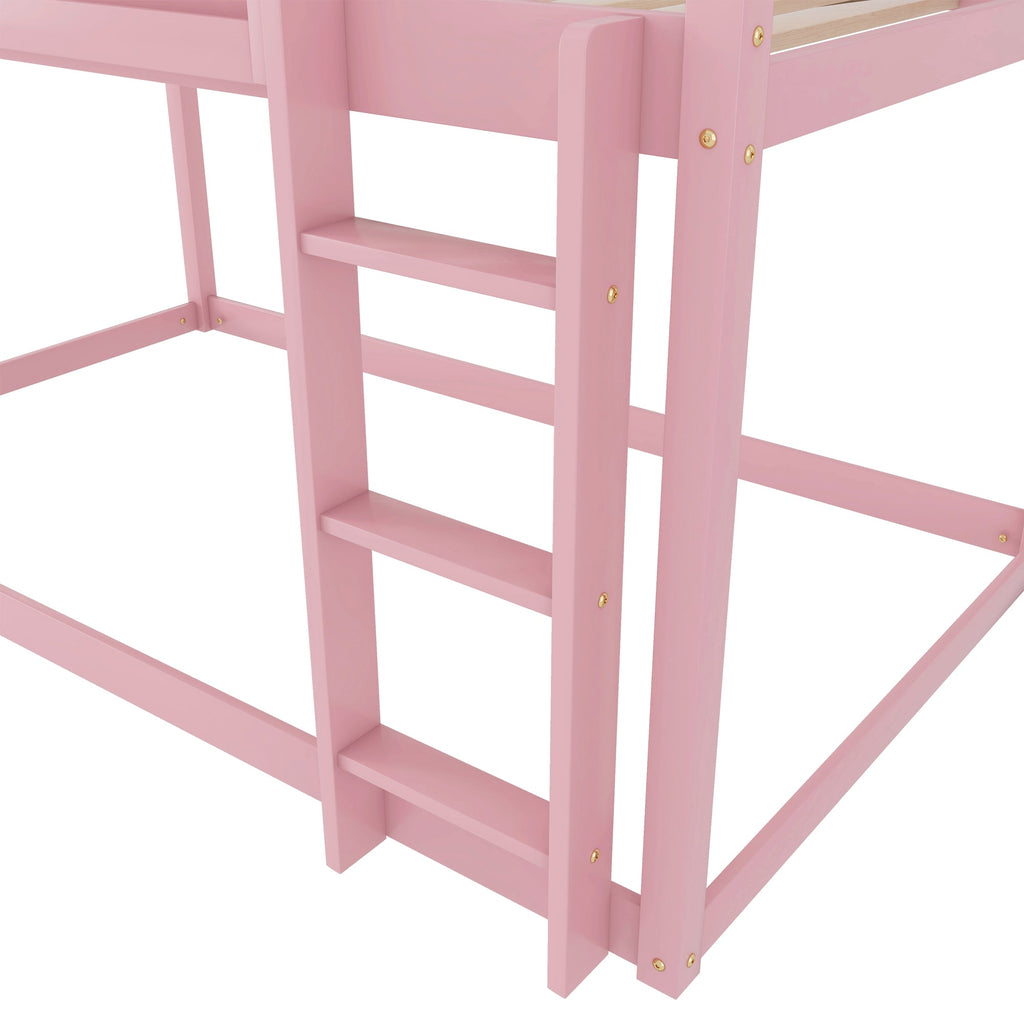 Low Twin Over Twin Bunk Bed, Floor Bunk Bed with Ladder, Solid Wood Twin Bunk Bed for Kids & Juniors, Pink(Expect Arrival Date 2025/11/25)