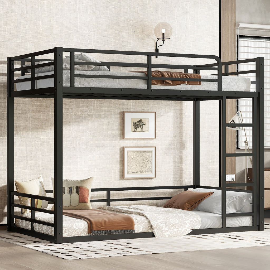 Metal Bunk Bed, Twin XL over Twin XL Floor Bunk Bed Frame, Heavy-Duty Bunk Bed for Kids, Teens, Adults, Noise-reduced Design, Black
