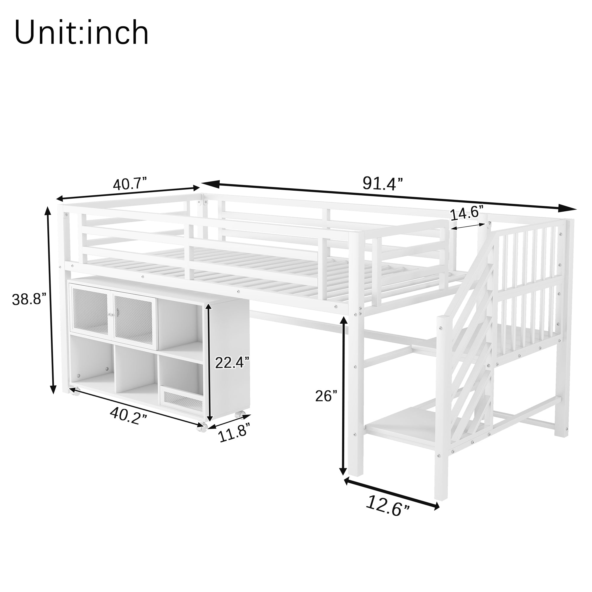 Twin Metal Loft Bed with Storage Cubby, Low Metal Loft Bed with Stairs for Kids, White, Expect Arrival Date 2025/11/10