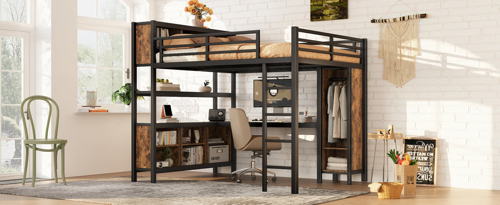 Metal Loft Bed with Wardrobe And L-shaped Desk, Queen Size Loft Bed with Storage Cubes and Shelves, Heavy Duty Loft Bed for Kids Teens Adults, Black Woodgrain