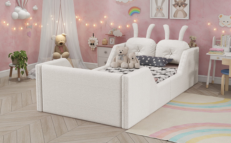 Twin Size Upholstered Platform Bed with Rabbit Cushion, Kids Floor Upholstered Bed with Removable Side Rails, White(Expect Arrival Date 2025/1/15)