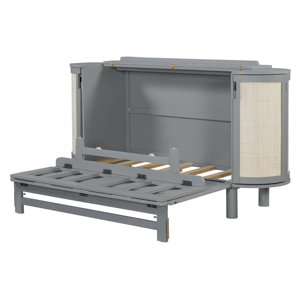 Full Murphy Bed with Hidden Storage & Modern Woven Design,Gray