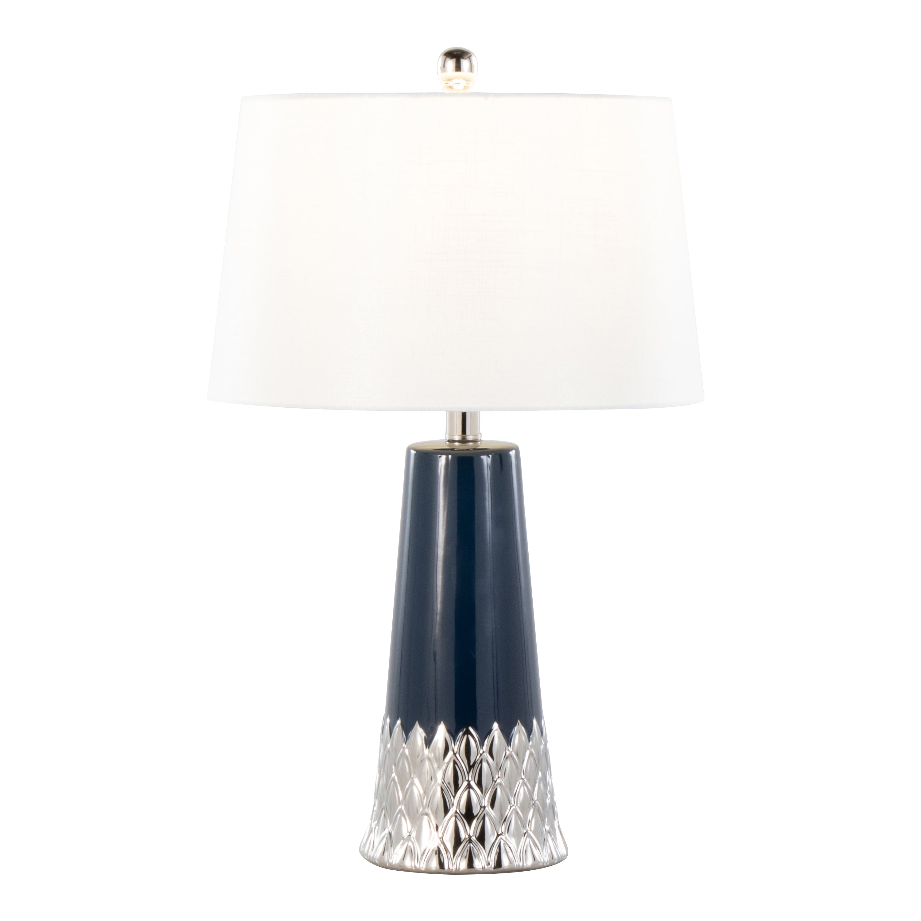 Penelope 22' Contemporary Ceramic Table Lamp with Dark Blue & Silver Ceramic Body and White Shade by LumiSource