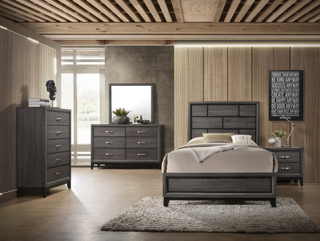 Cotemporary Gray Finish Queen Size Panel Low-profile Bed Geometric Design Wooden Bedroom Furniture