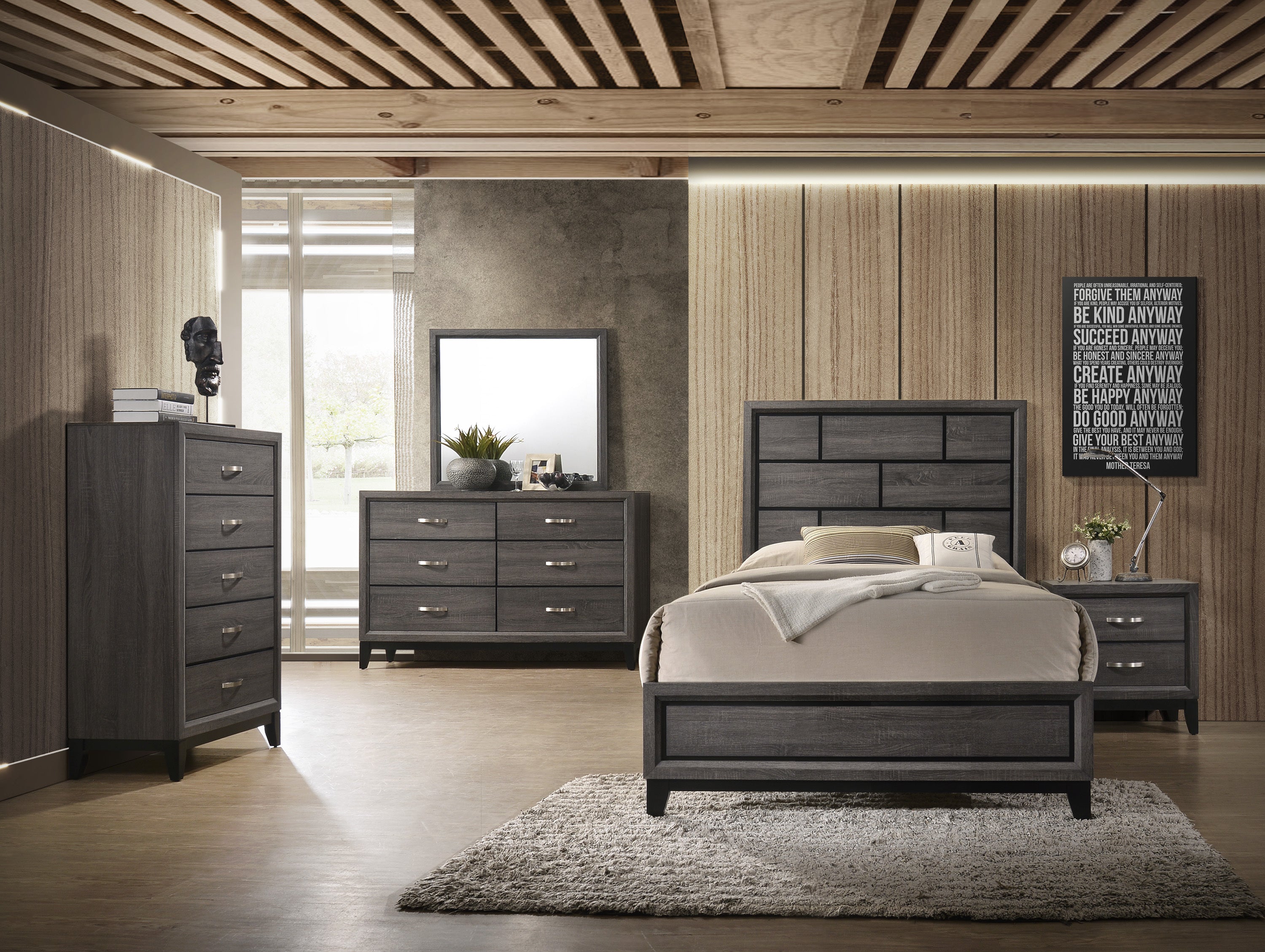 Cotemporary Gray Finish Queen Size Panel Low-profile Bed Geometric Design Wooden Bedroom Furniture