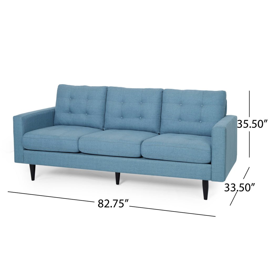 Jenny Contemporary Tufted Fabric 3-Seater Sofa, Blue, Rubberwood Frame, 82.75' Length