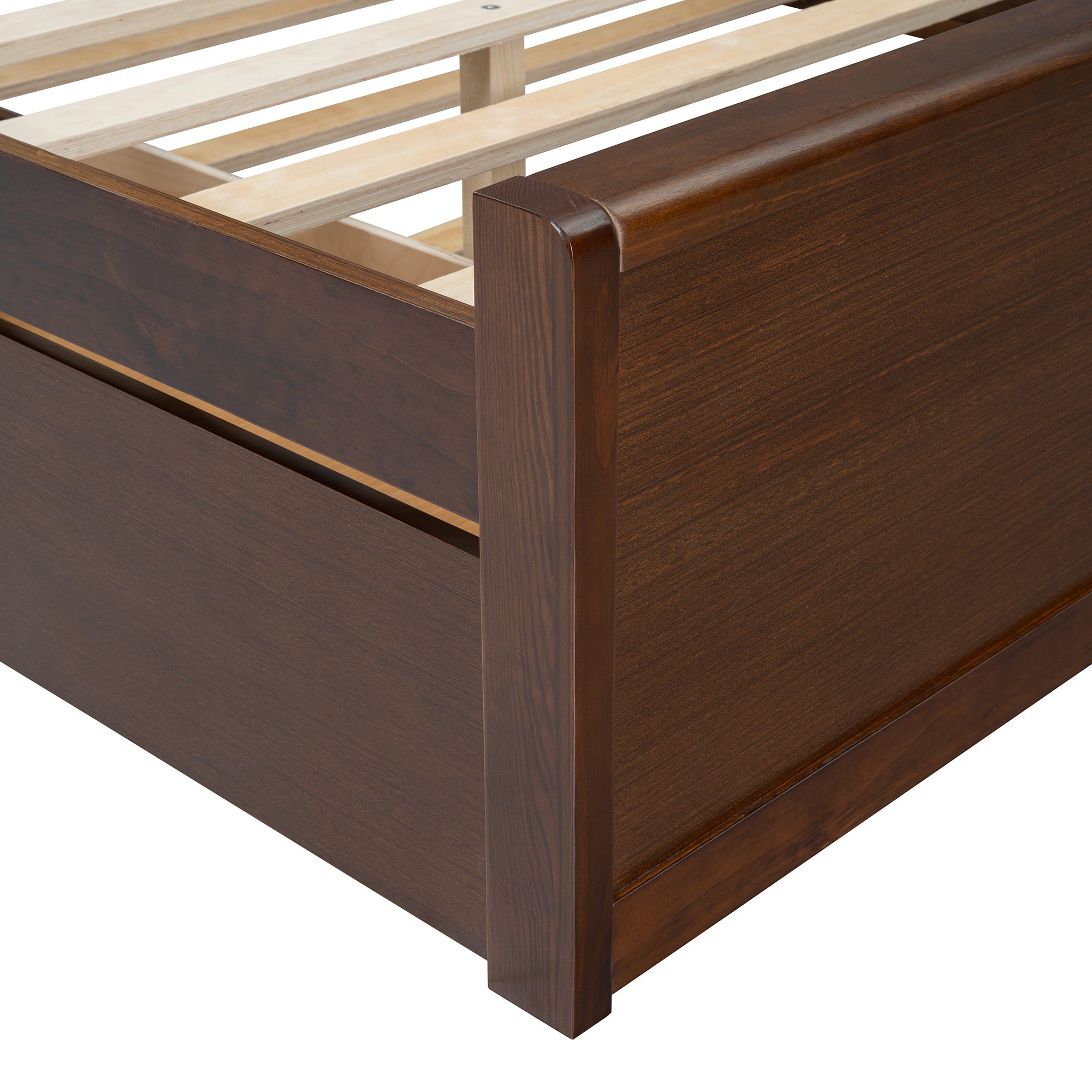 Queen Size Rattan Headboard Bed with Two Drawers and Trundle, Walnut