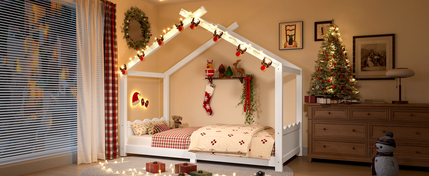 Twin House Floor Bed with Support Slats, Solid Wood House Bed Frame for Kids, No Box Spring Needed and Opening Constructure, White
