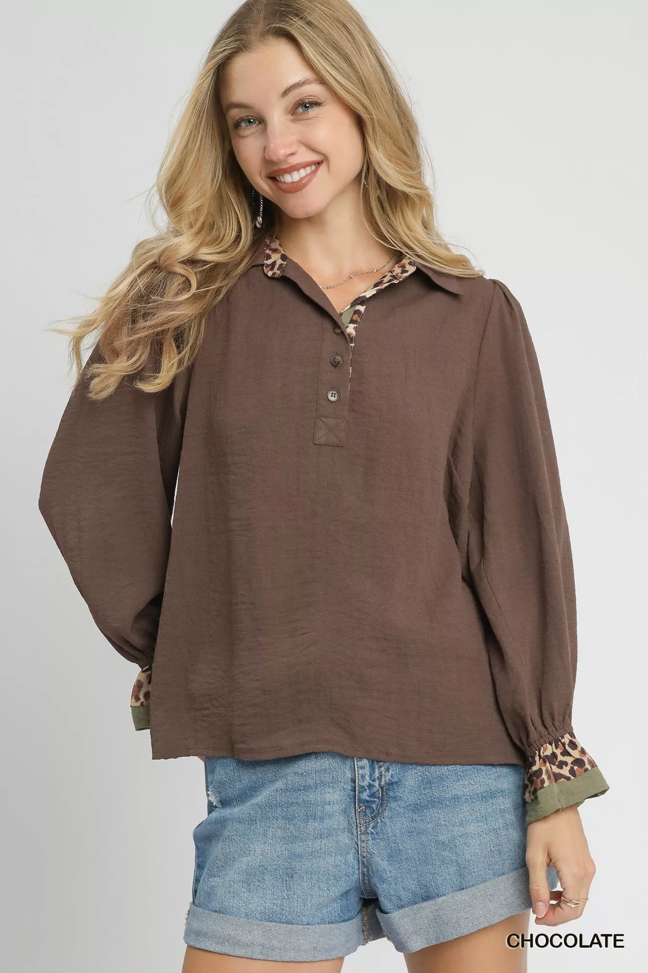 Umgee Half Button Blouse with Leopard Print Trim