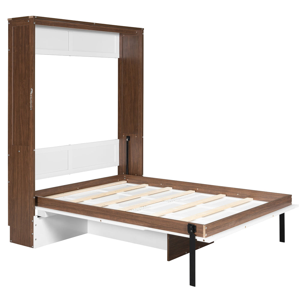 Full Size Murphy Bed with Foldable Desk – Space Saving Wall Bed - Walnut & White