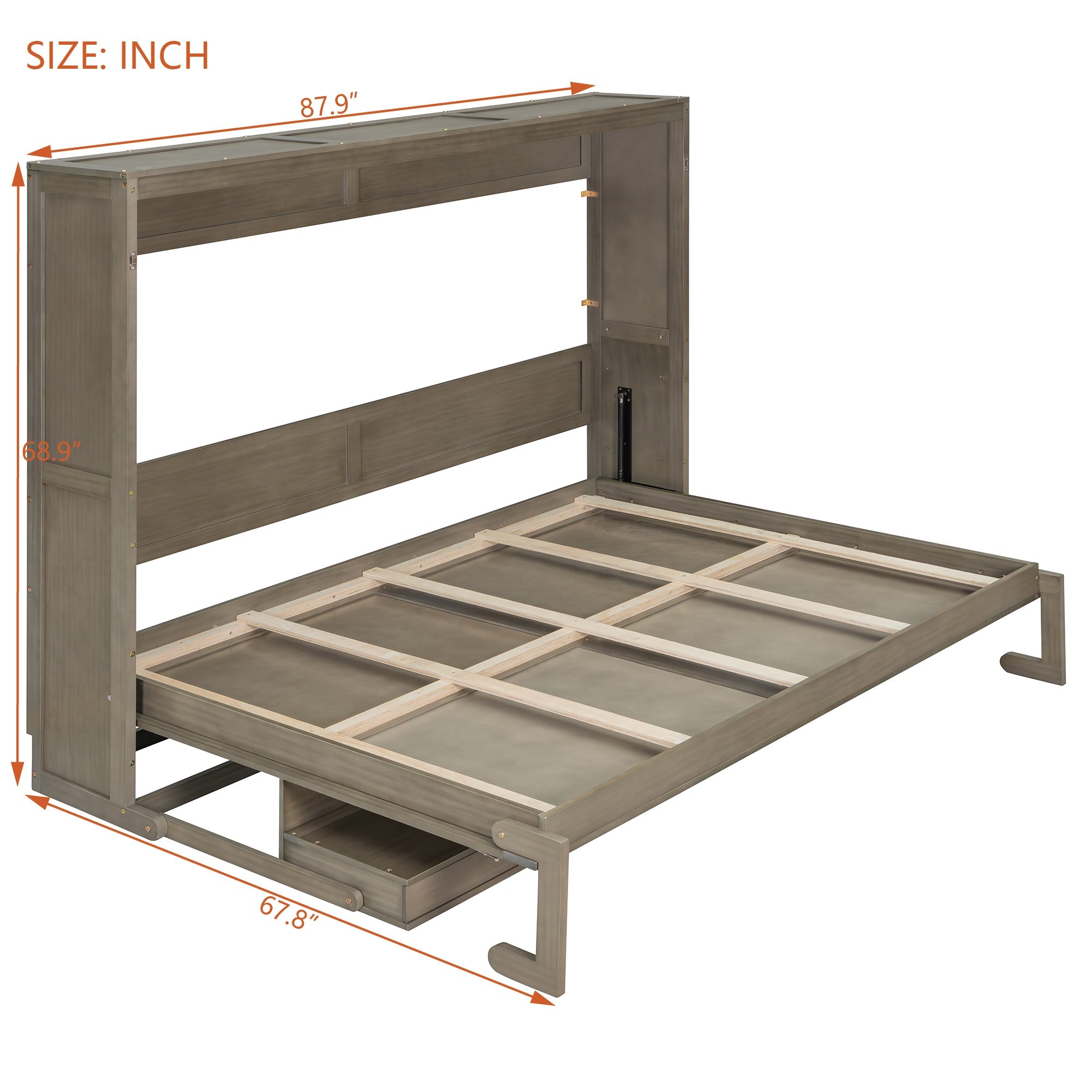 Queen Size Wall Murphy Bed with Storage, Foldable Cabinet Bed with Vanity Desk, Center Mirror & 2 Side Drawers, Distressed Gray