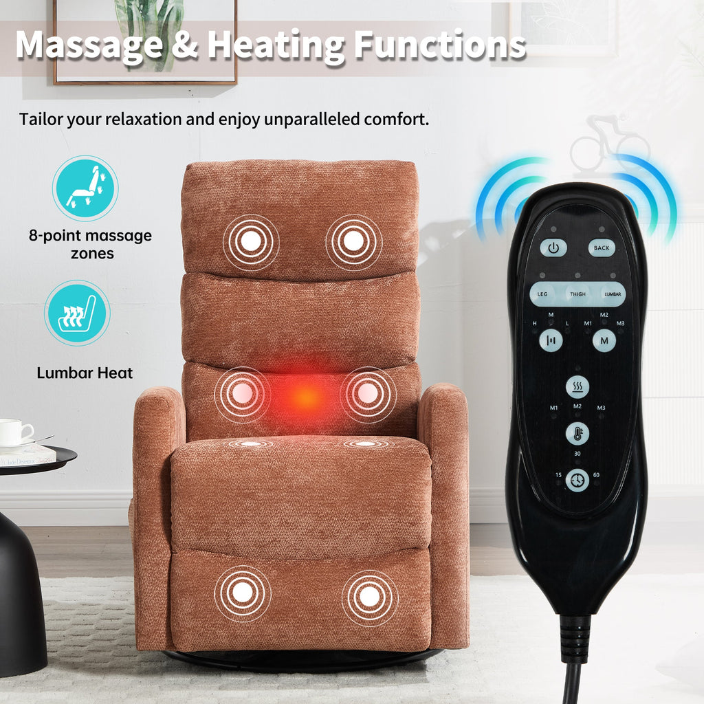 Heat Massage Manual Recliner Chair with Rocker and Swivel in Fabric for Living Room, Orange