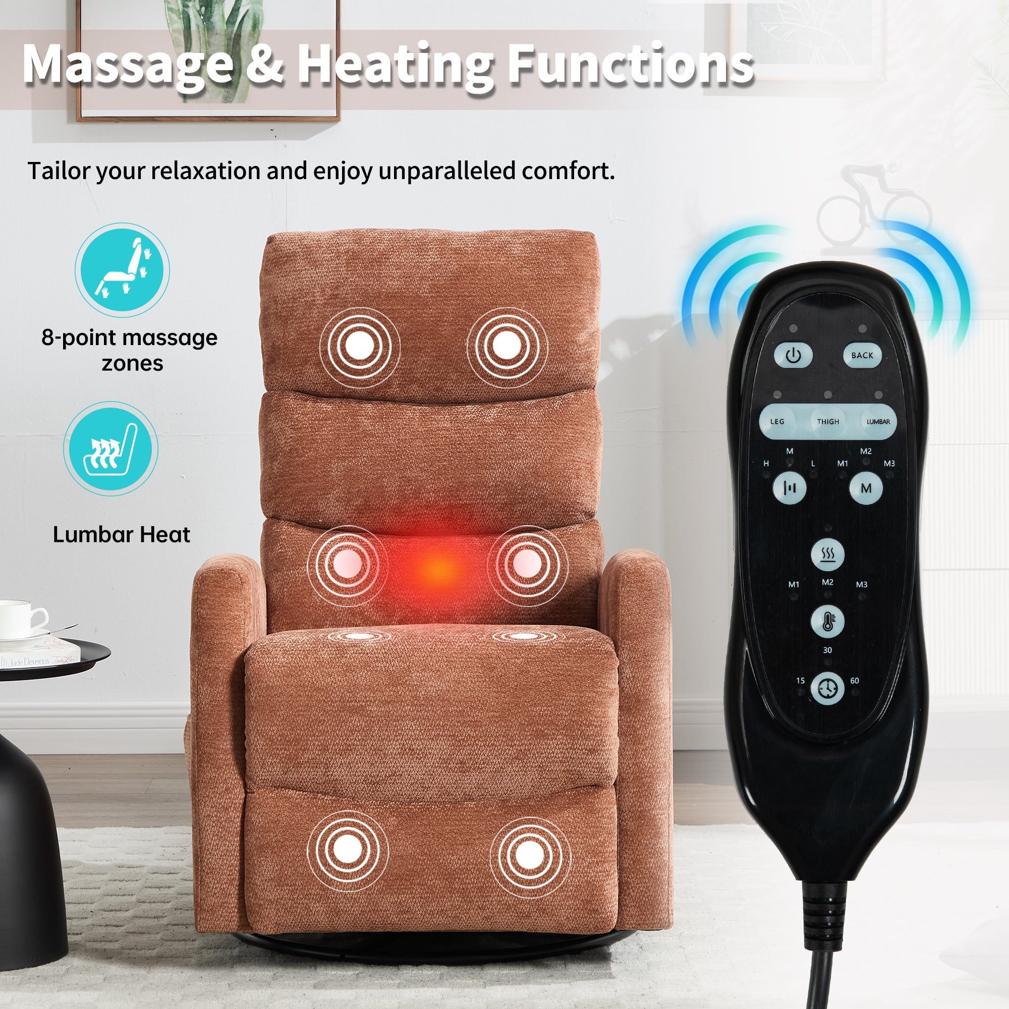 Heat Massage Manual Recliner Chair with Rocker and Swivel in Fabric for Living Room, Orange