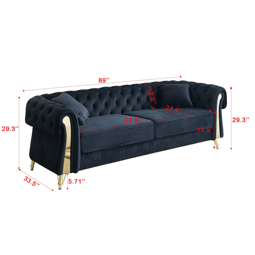 89''W Chesterfield Modern Tufted Velvet Living Room Sofa with Two Seat Cushions and Two Toss Pillows,Black