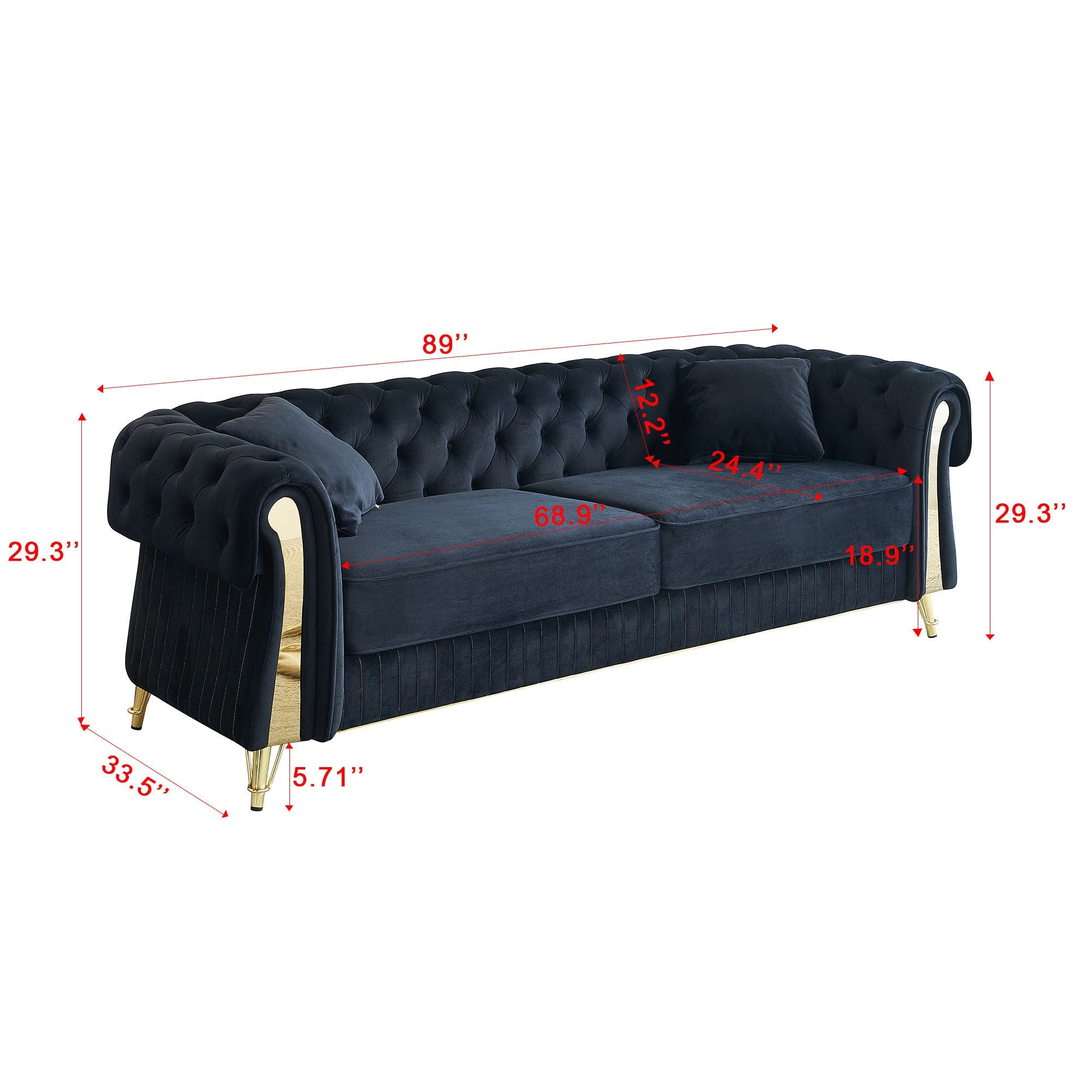 89''W Chesterfield Modern Tufted Velvet Living Room Sofa with Two Seat Cushions and Two Toss Pillows,Black