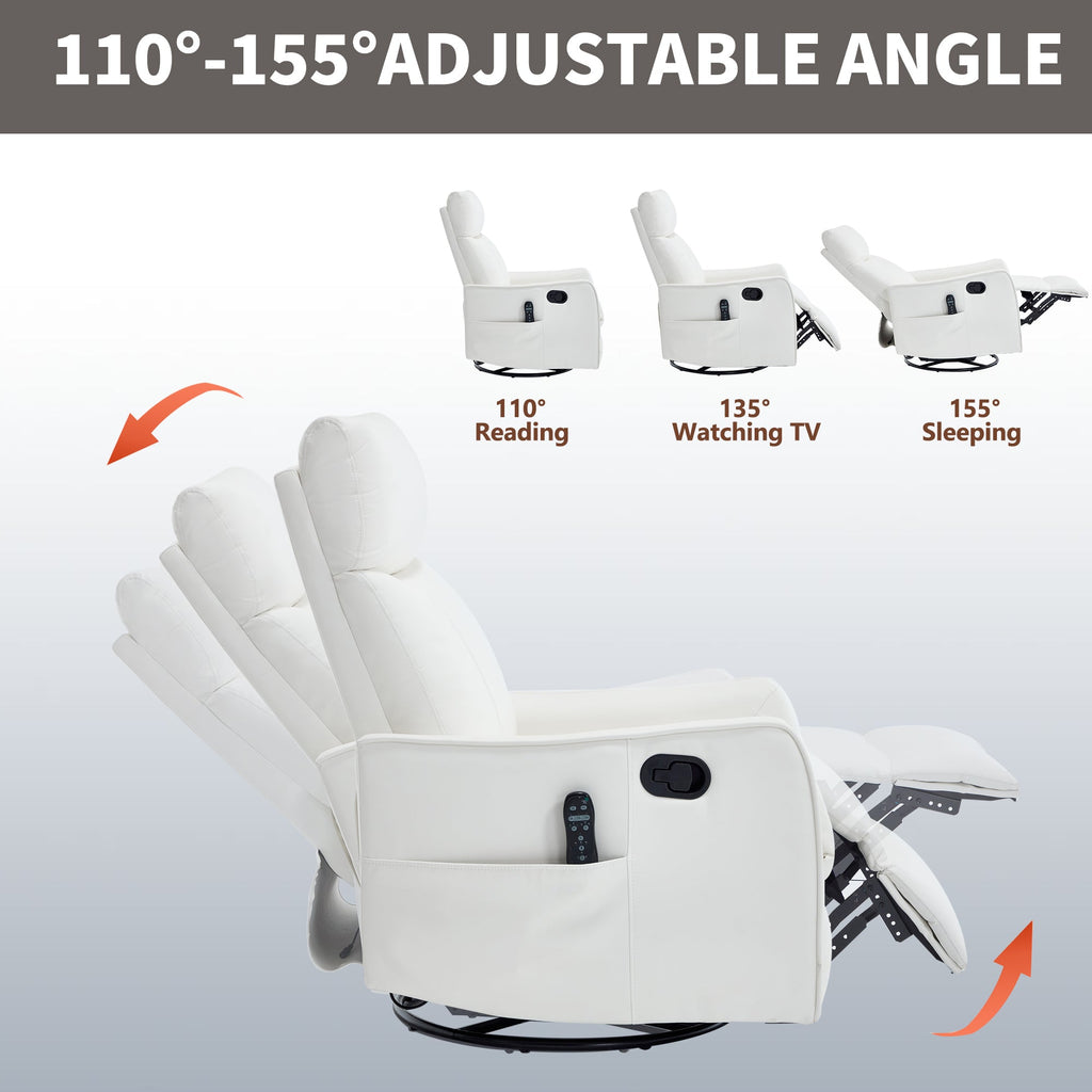 White Heat Massage Manual Recliner Chair with Rocker and Swivel in Faux Leather for Living Room