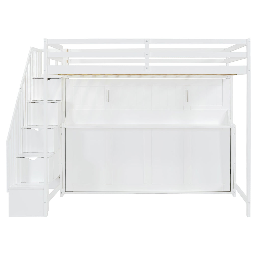 Full Over Full Size Murphy Bed with Hydraulic Lift & Desk Design, White
