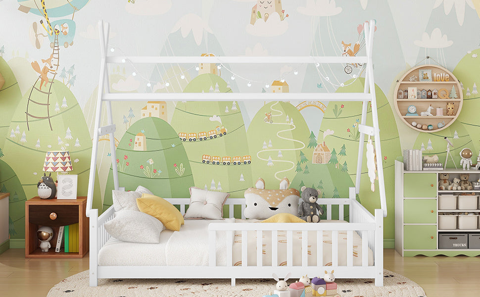 Full House Bed with Light, Low Floor House Bed with Fence and Roof for Kids Boys Girls,White(Expect arrive date 2025/7/20)