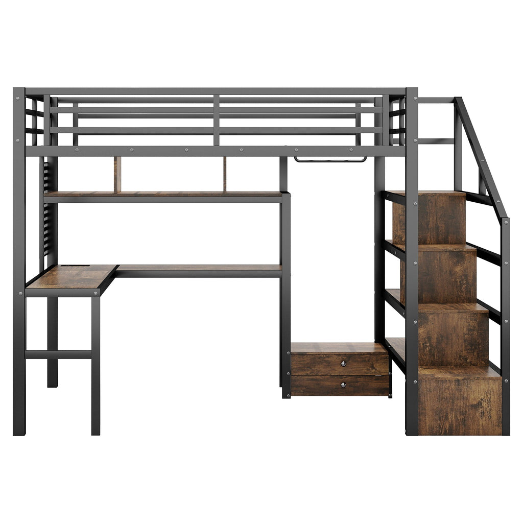 Full Size Loft Bed with LED Light & Charge Station, Metal Loft Bed with Desk and Staircase, Loft bed with Wardrobe for Kids, Black (Expect Arrival Date 2025/4/30)