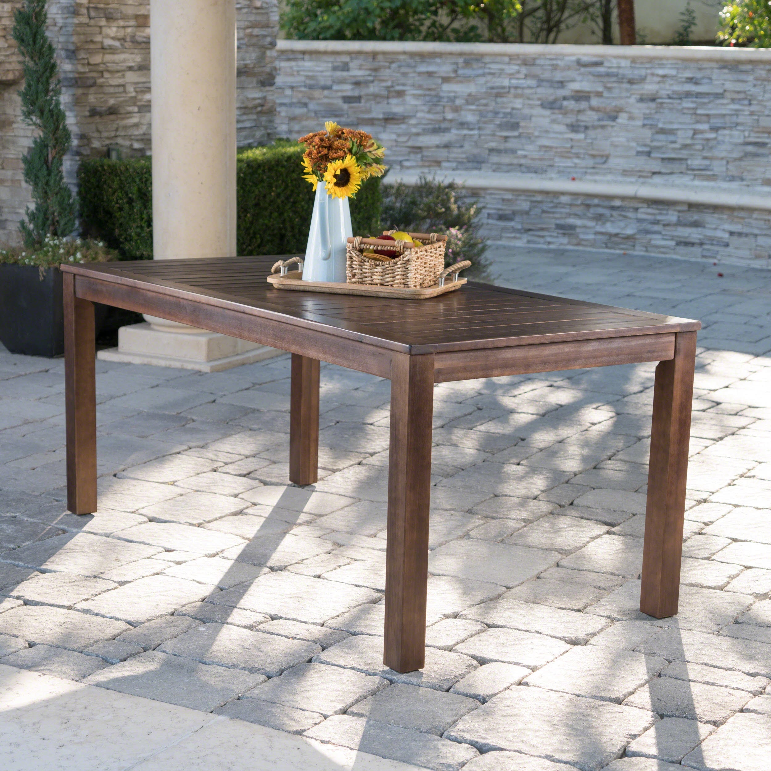 69 Acacia Wood Outdoor Dining Table with Slatted Top, Dark Brown