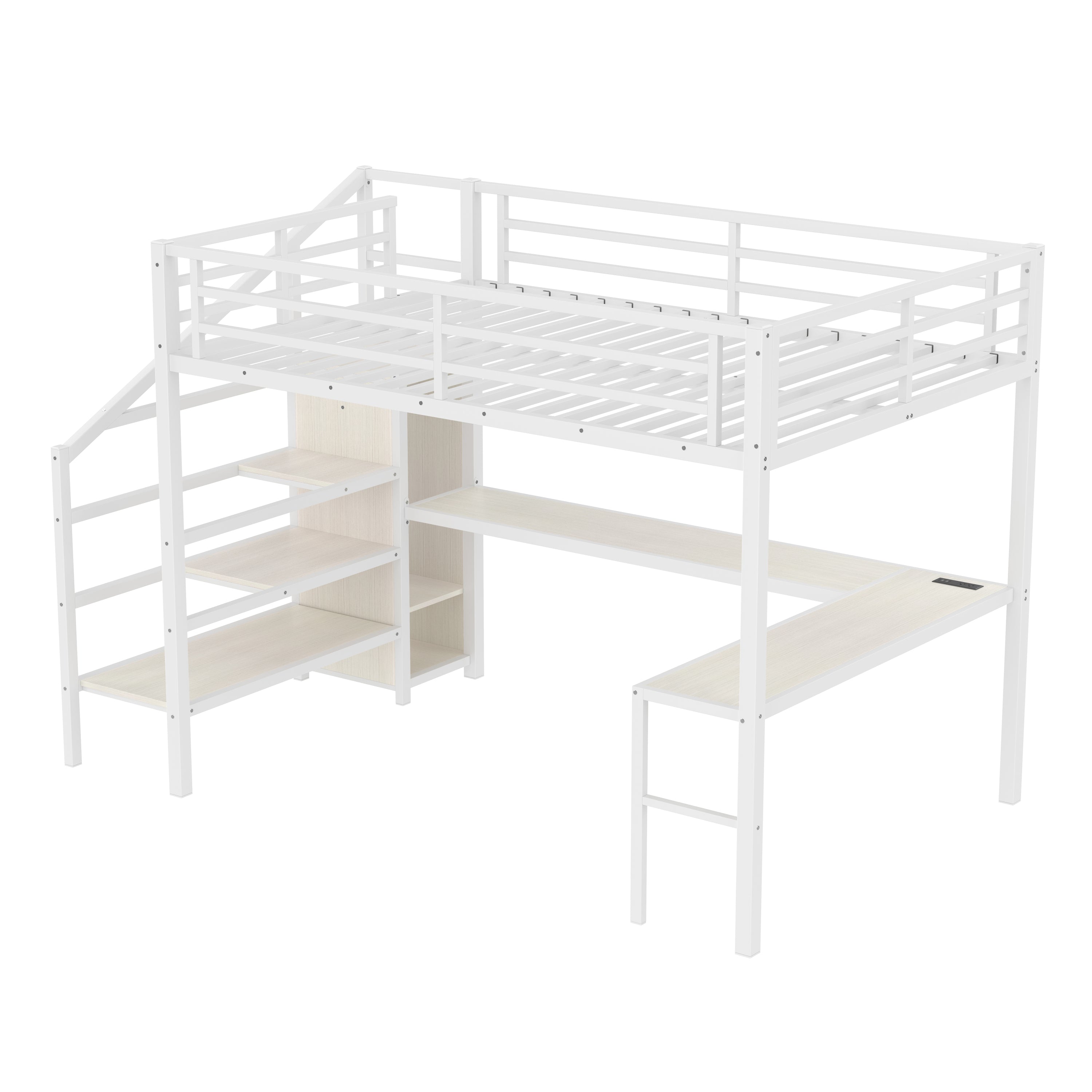 Queen Size Loft Bed with L-shaped Desk and USB, Metal Loft Bed with Wardrobe and Adjustable Shelf, High Loft Bed with LED for Kids Teens Adults, White Wood-grain