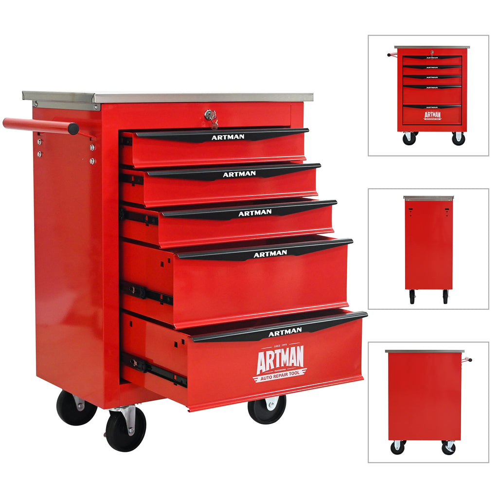 5 Drawers Multifunctional Tool Cart with Wheels,Metal Rolling Tool Cart Storage for Garage Workshop Warehouse Repair Shop--With Stainless Steel Roof--Red&Black