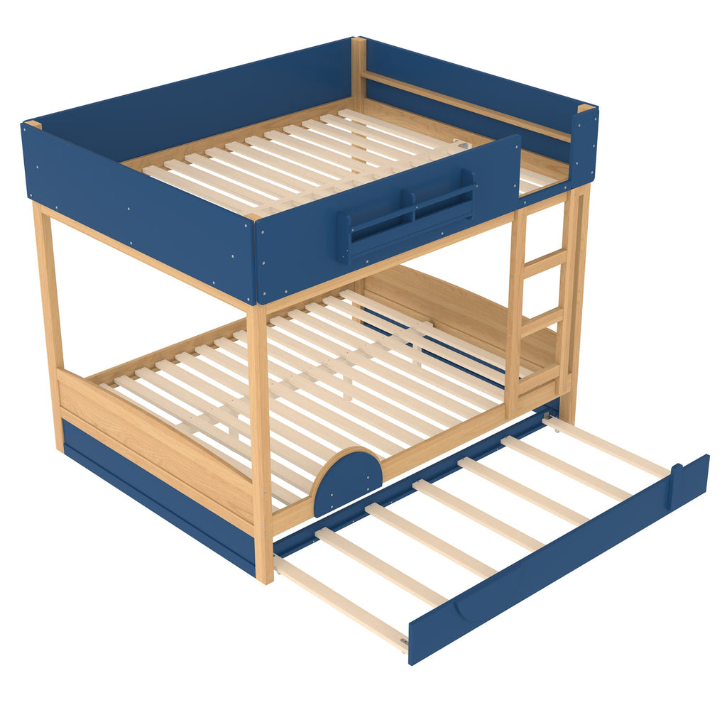 Queen Bunk Bed with Trundle , Wood Bunk Bed Frame with Built-in Bookshelf and High-quality Safety Guardrail,Automobile Form Design for Kids ,Blue＆Natural