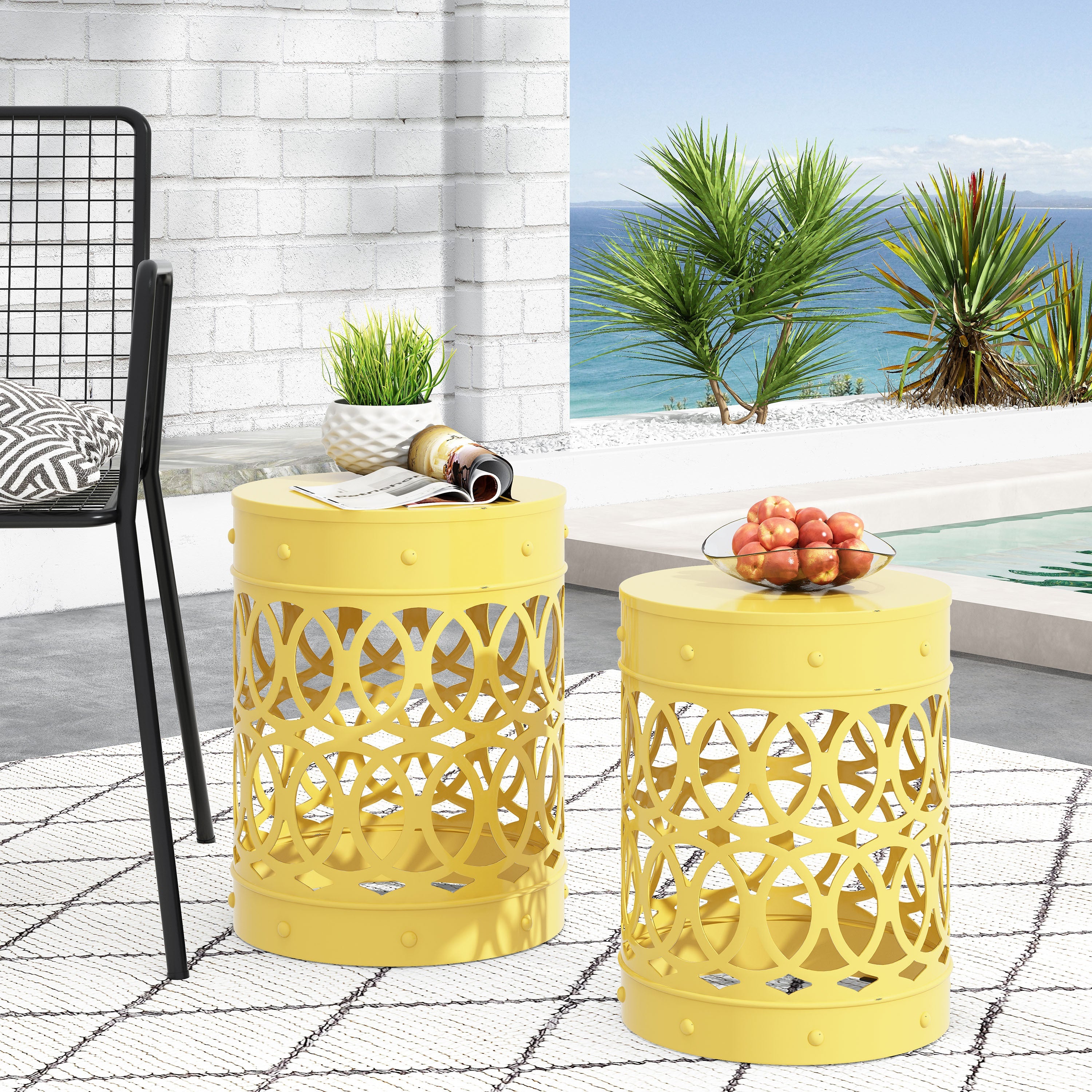 Modern Outdoor Metal End Table Set of 2 with Iron Cut Design in Yellow