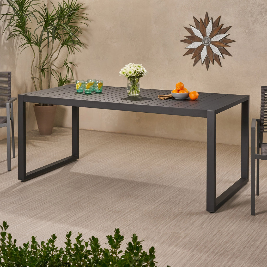 Modern Outdoor Dining Table with Black Aluminum Frame, Slatted Top, and U-Shaped Legs – 70' x 35'