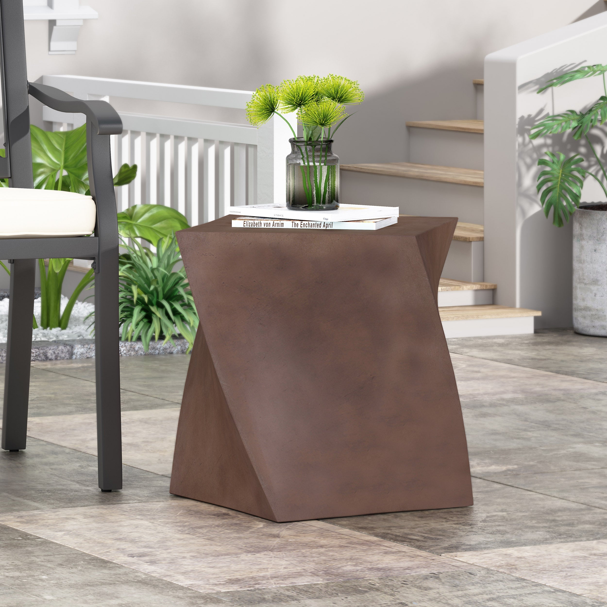 Modern Outdoor Lightweight Concrete Side Table with Abstract Design in Brown Magnesium Oxide, 21 x 21 x 18 Inches