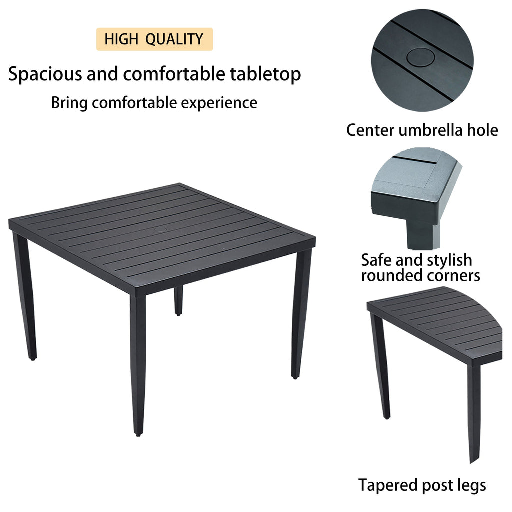 5-Piece Outdoor Patio Aluminum Furniture, Modern Dining Set, including 4 Swivel Rockers  Sunbrella Fabric Cushioned and 40' Square Dining Table with Umbrella Hole, Ember Black