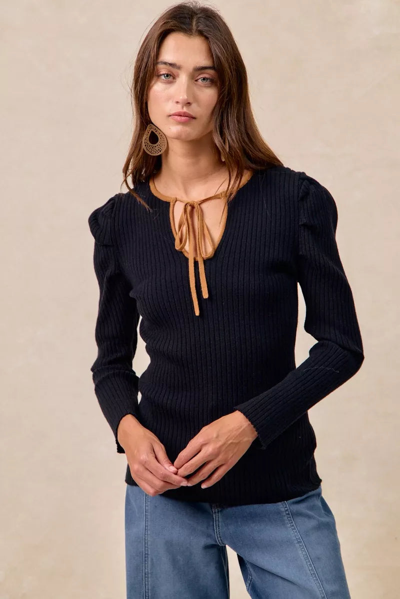 BiBi Ribbed Contrast Front Tied Top with Shrried