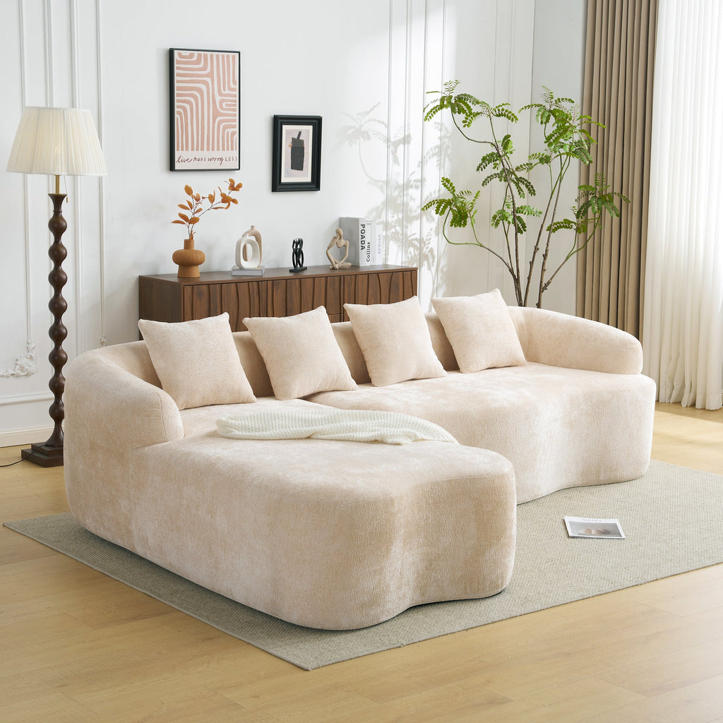 Full Compression L-Shape Sectional Sofa with Curved Chaise, Beige Modular Chenille Couch, High-Density for Apartment Living Room