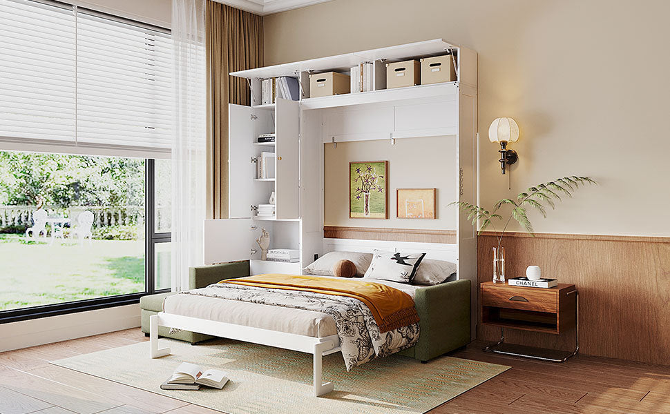 Queen Size Murphy Bed Wall Bed with Sofa and Shelves,White Panel, Green Sofa