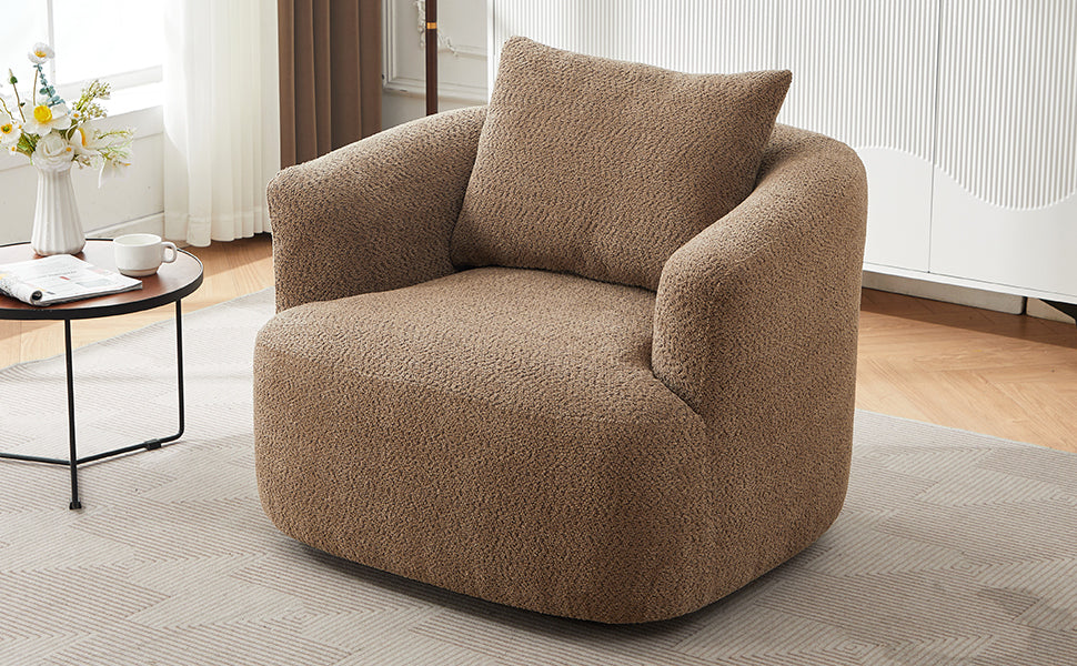 Chenille Upholstered 360° Swivel Chair with Throw Pillow, Dark Brown, 38.2' Accent Chair Sofa for Living Room and Office