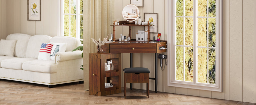 Corner Vanity Desk Set with Storage Cushioned Stool and Charging Station, Triangle Makeup Desk with Removable Pull-Out Side Cabinet, Glass Tabletop Makeup Vanity Desk with Drawer and Shelf, Walnut
